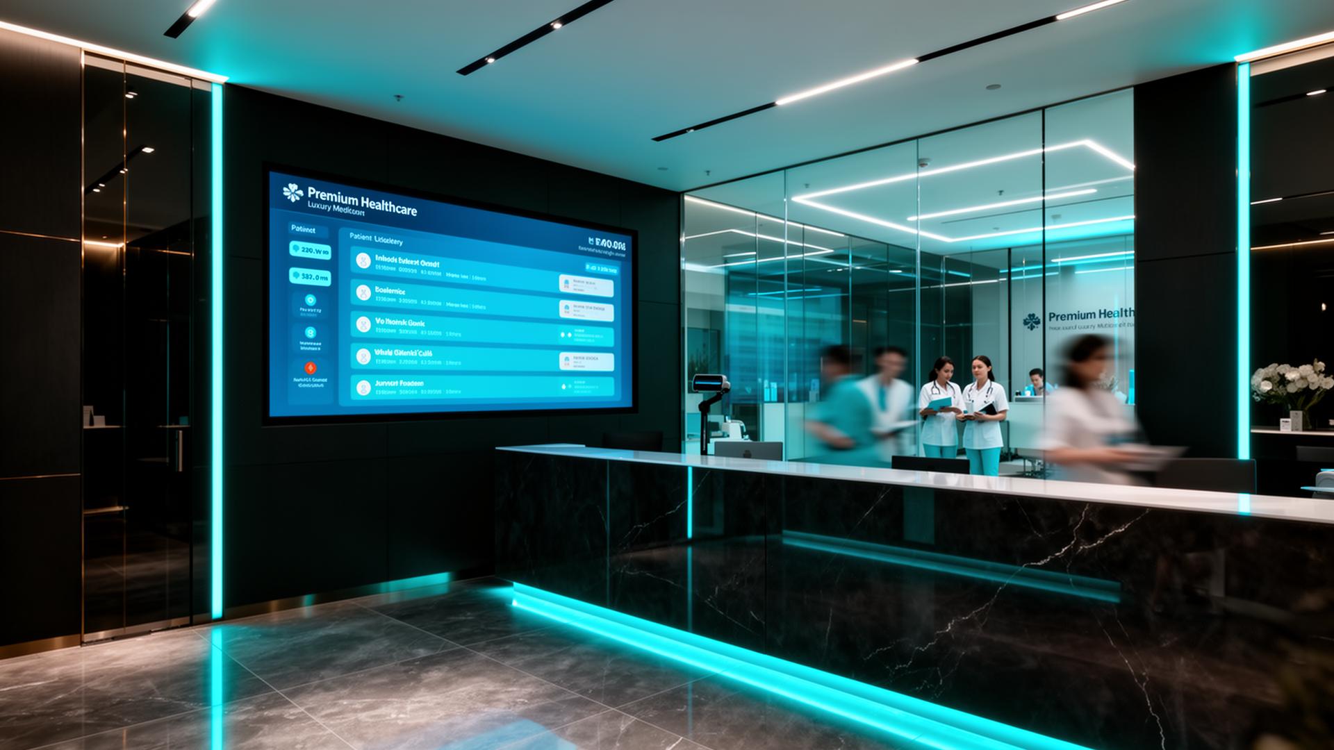 Recepção moderna de clínica com tecnologia integrada